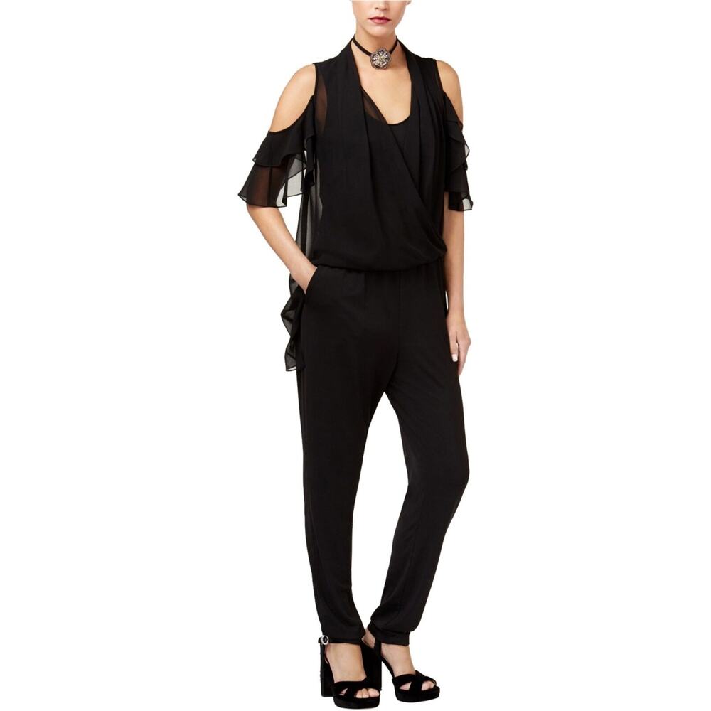 Kobi Halperin Women's Black Cold-Shoulder Wrap-Front Jumpsuit‎ Romper Chiffon XS